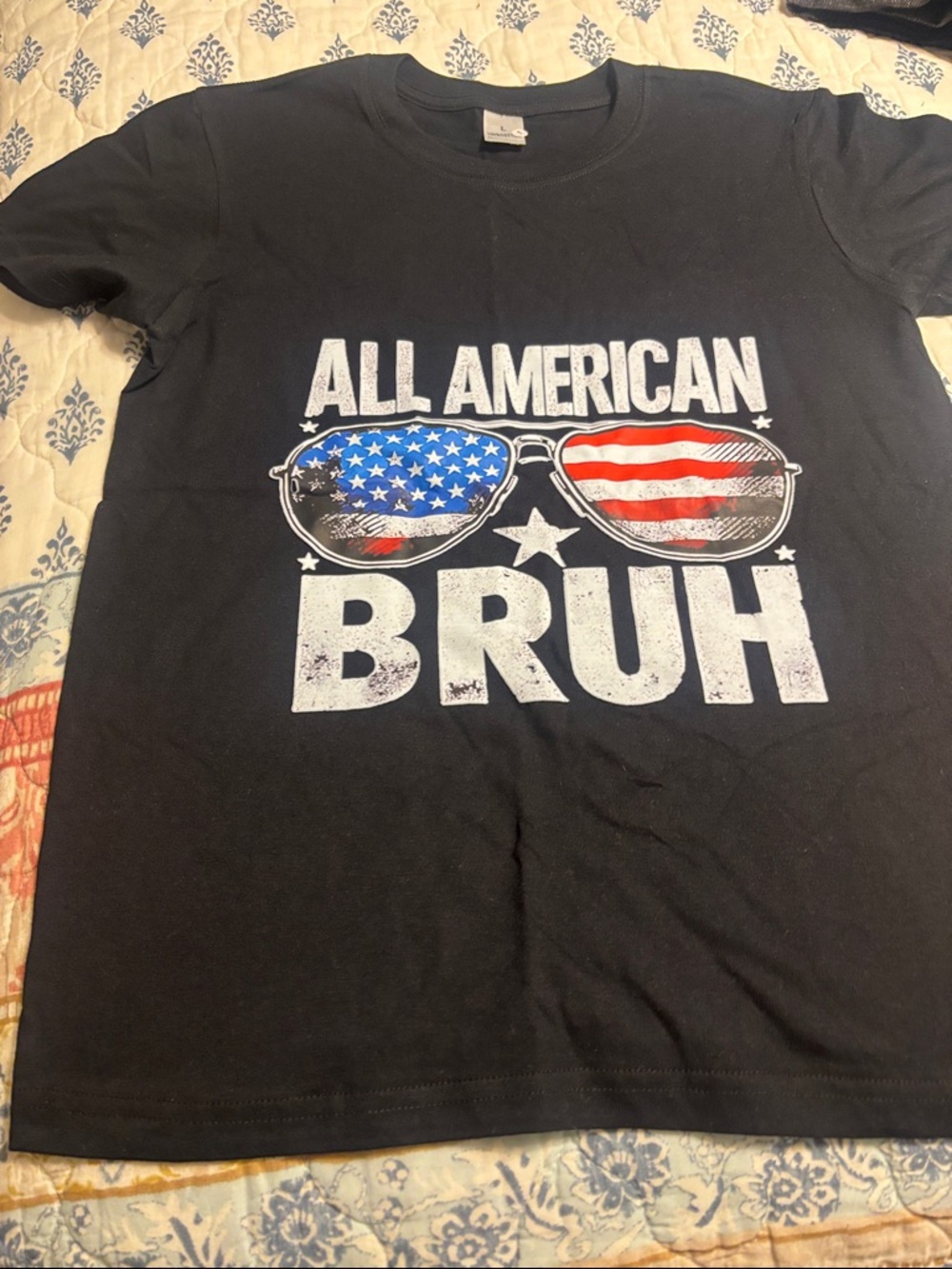 SHEIN Black All American BRUH Graphic Tee with Flag Sunglasses